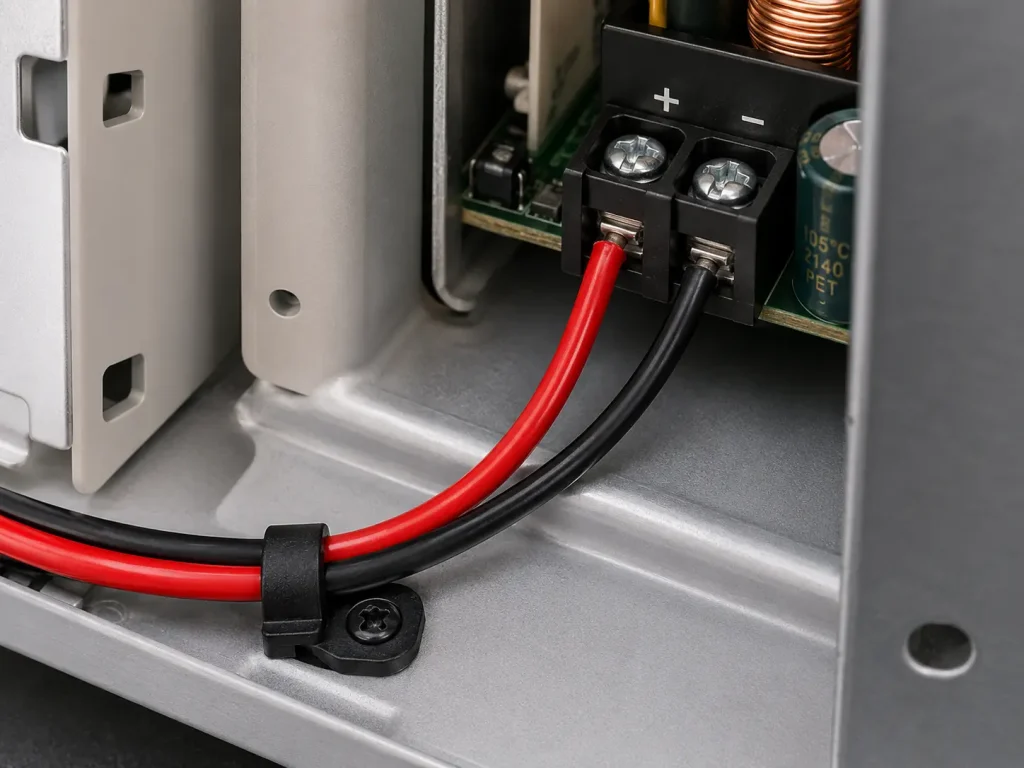 UL 1015 14 AWG red and black PVC wire internal routing in appliance enclosure, 600V AC, 105°C, polarity identification