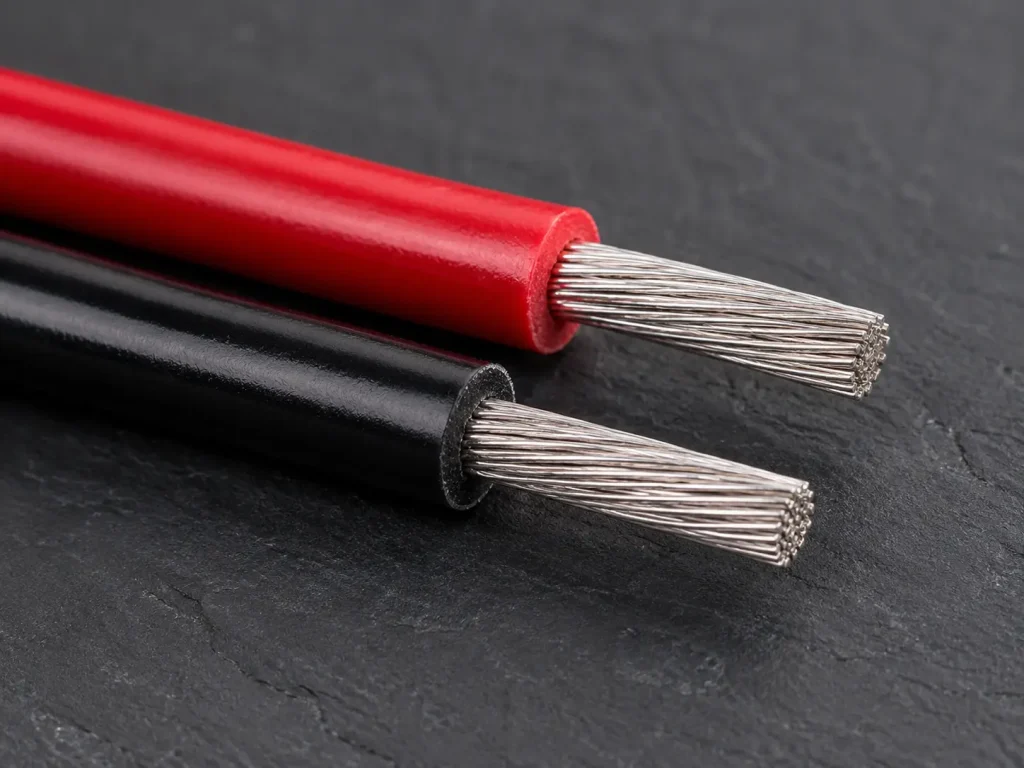 UL 1015 14 AWG red and black PVC wire stripped ends showing 41-strand tinned copper conductor, 30 mil PVC insulation wall