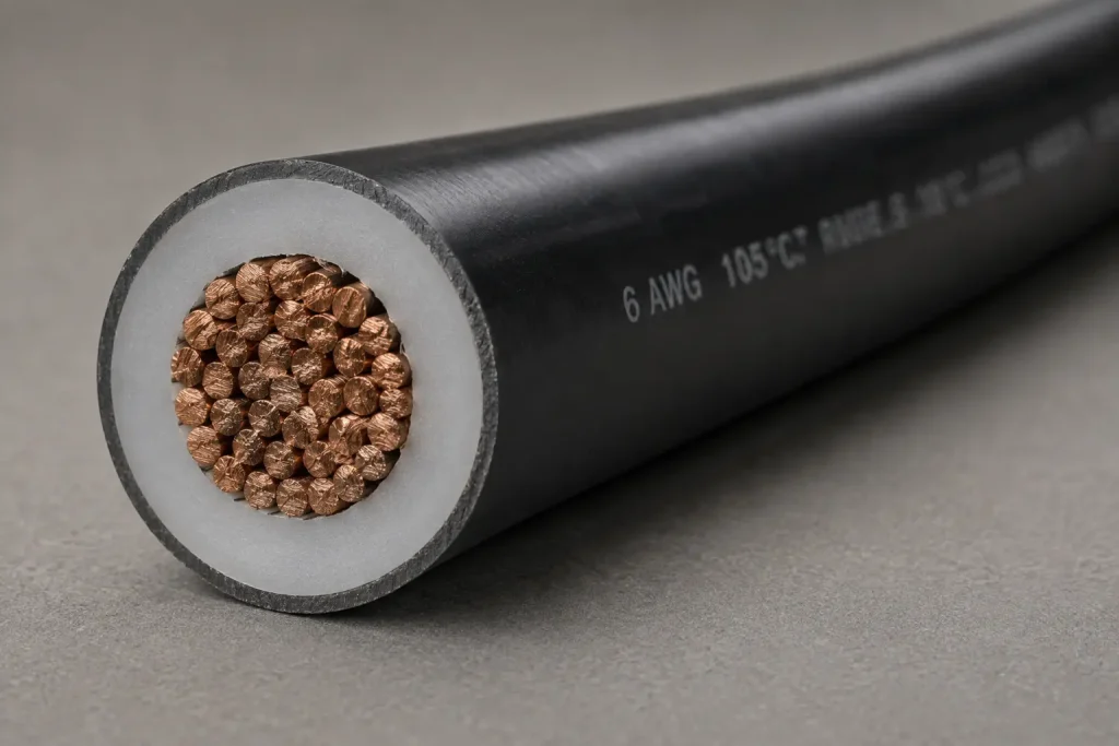 Macro cross-section of UL 10269 6 AWG PVC wire showing stranded conductor and thick extruded PVC wall
