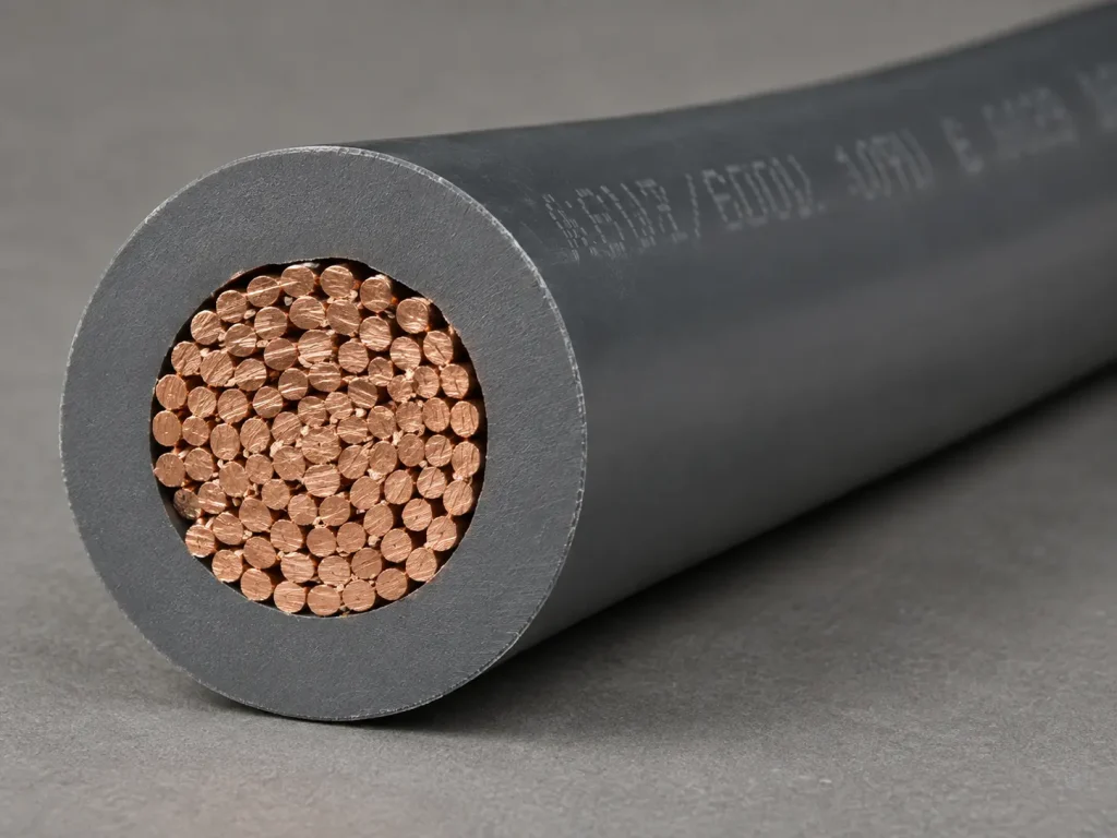 Macro cross-section of UL 1056 wire showing stranded conductor and thick extruded PVC insulation wall