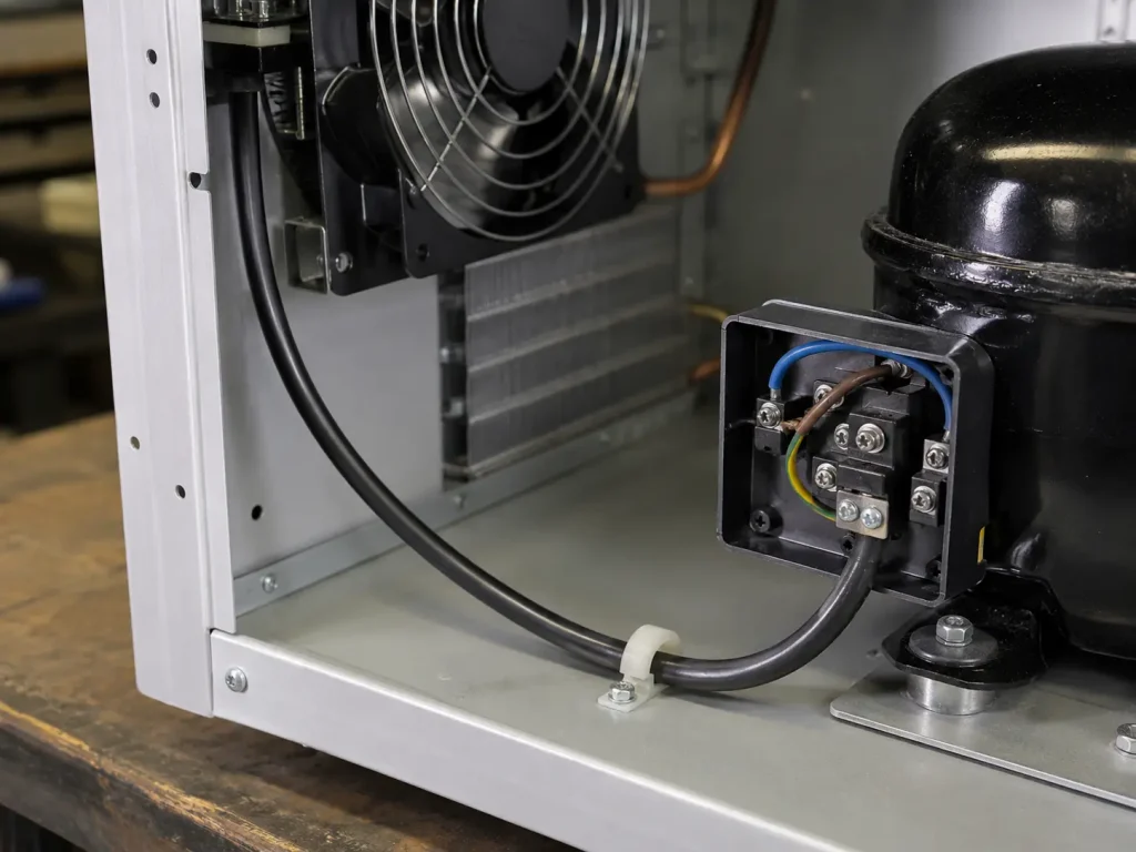 UL 1056 PVC wire routed as protected internal wiring inside refrigerating equipment