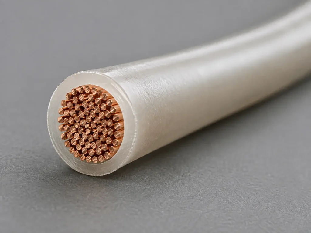 Macro cross-section of UL 1332 18 AWG FEP wire showing stranded conductor and thin extruded FEP wall
