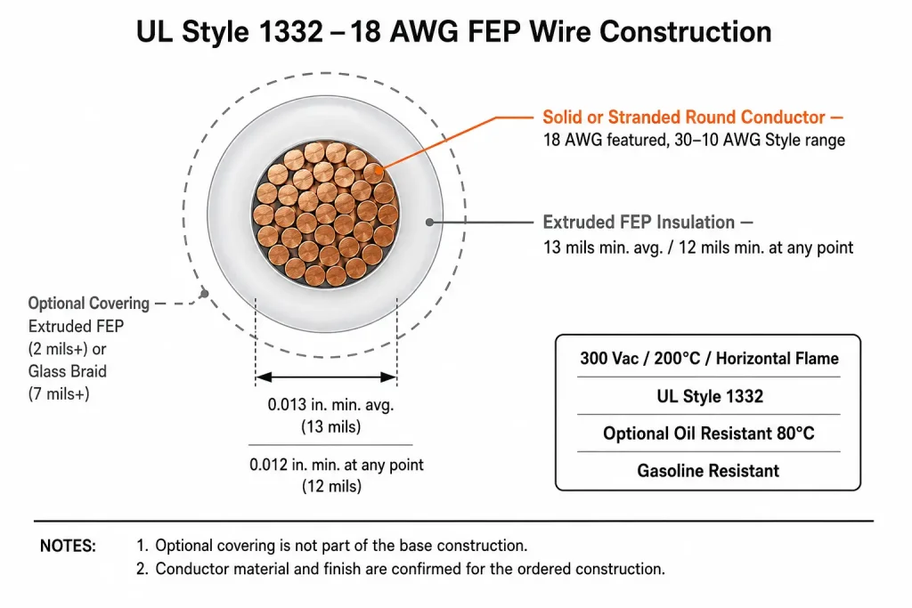UL Style 1332 18 AWG FEP wire cross-section diagram showing conductor, 13 mil FEP insulation, and optional covering
