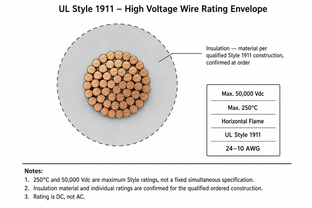 UL Style 1911 high voltage wire technical diagram showing 24–10 AWG conductor range and maximum rating envelope