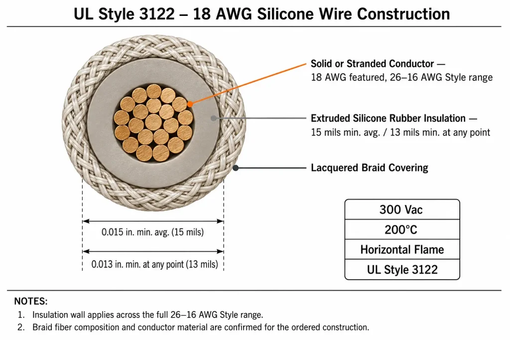 UL Style 3122 18 AWG silicone wire cross-section diagram showing conductor, 15 mil SR insulation, and lacquered braid