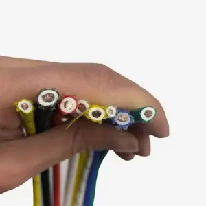 Technical diagram of UL 3122 wire showing silicone insulation and fiberglass braid