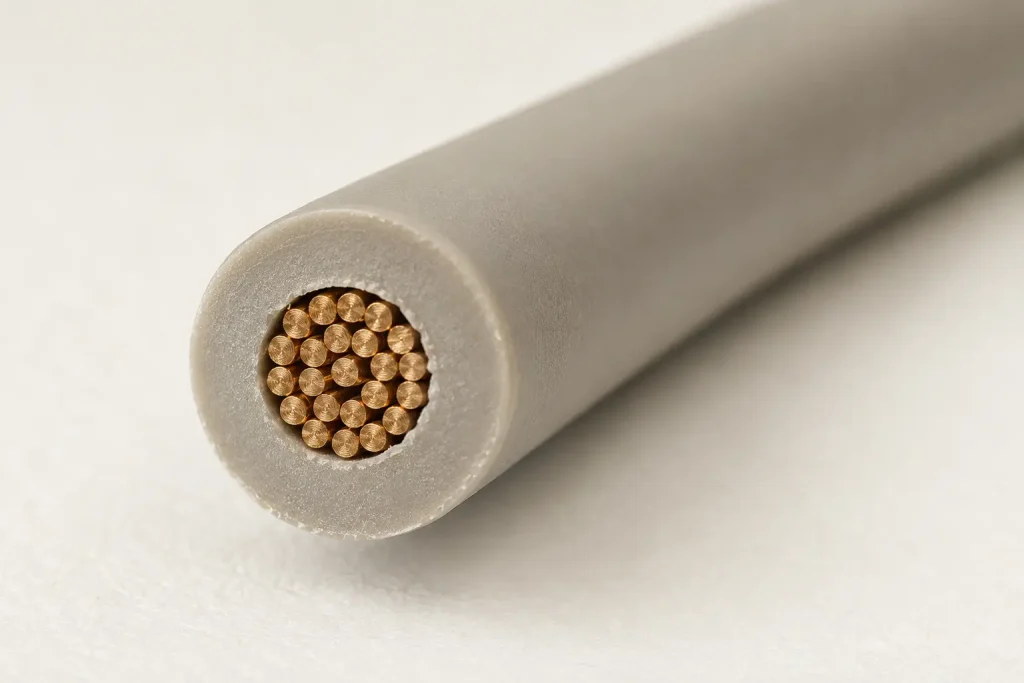 Macro cross-section of UL 3135 22 AWG silicone wire showing stranded conductor and extruded SR insulation wall