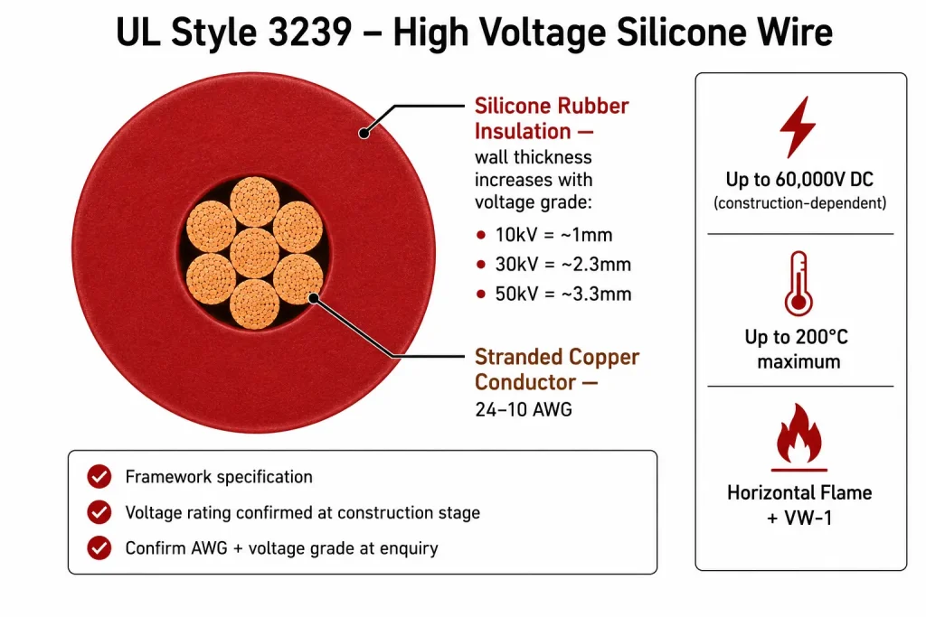 UL 3239 high voltage silicone wire cross section diagram showing thick insulation wall, stranded copper conductor, up to 200°C, up to 60000V DC, construction-dependent voltage rating