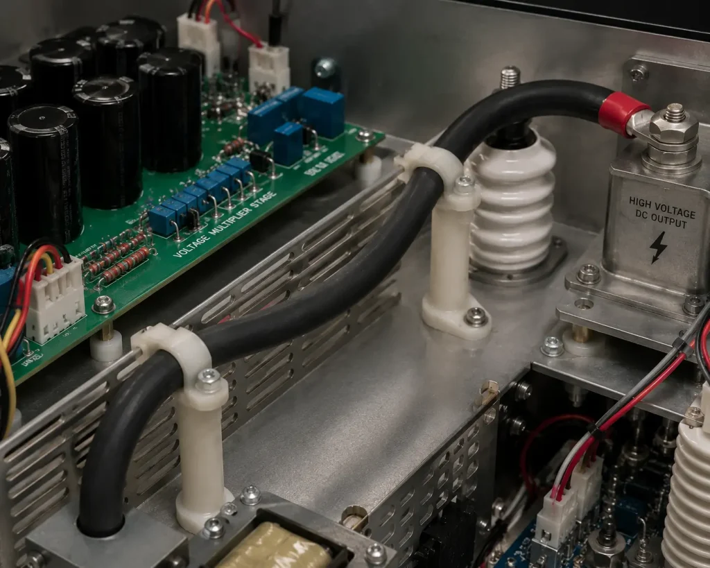 UL 3239 high voltage silicone wire internal routing in high voltage DC power supply enclosure, thick insulation wall, up to 60000V DC, protected internal wiring