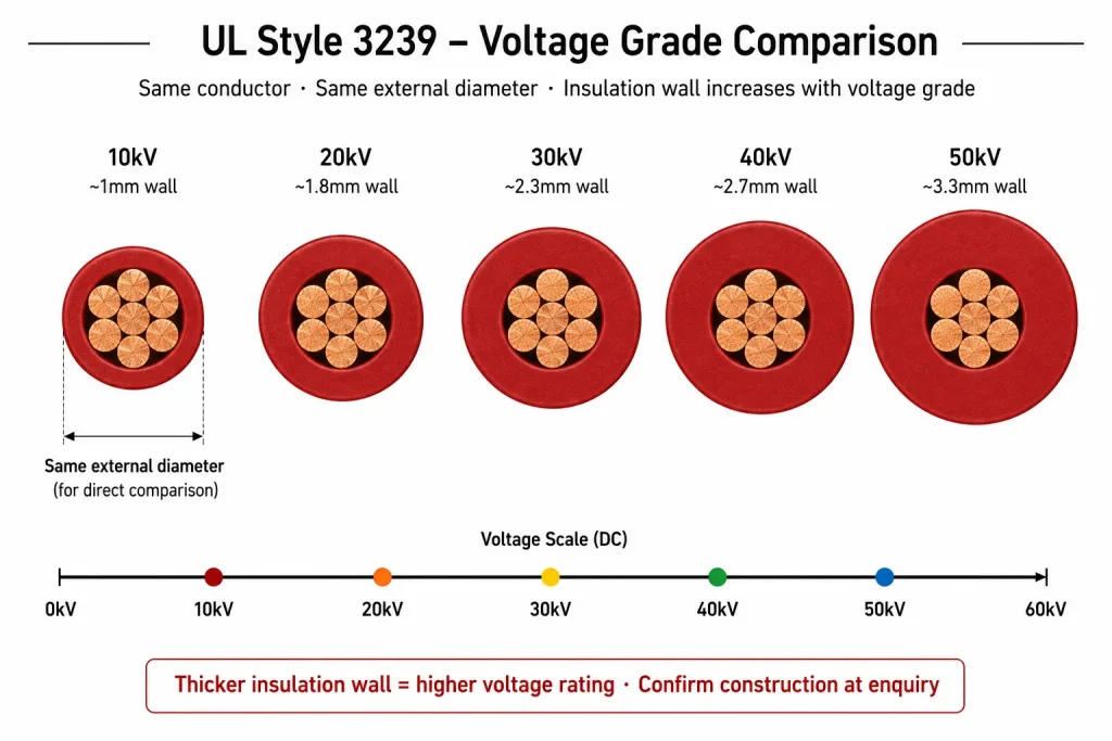 UL 3239 high voltage silicone wire voltage grade comparison showing increasing insulation wall thickness from 10kV to 60kV DC construction