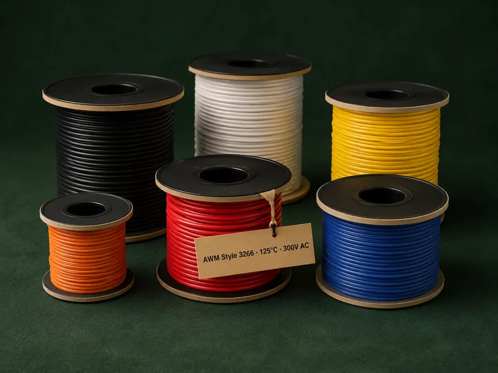 UL AWM Style 3266 XLPE hook-up wire, 125°C, 300V AC, 32–10 AWG, multiple insulation colour spools
