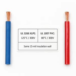 UL 3266 XLPE wire versus UL 1007 PVC wire comparison, showing 125°C vs 80°C temperature rating, same 15 mil wall thickness