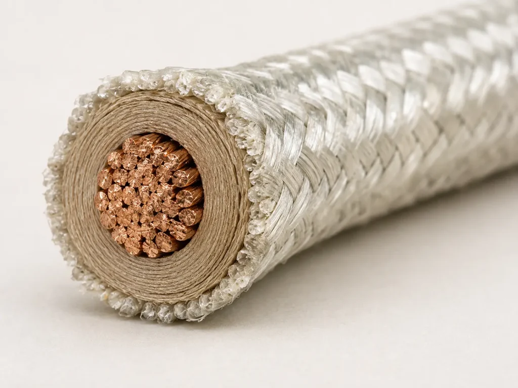 Macro cross-section of UL 5128 18 AWG wire showing stranded conductor, mica tape wrap and glass braid layer