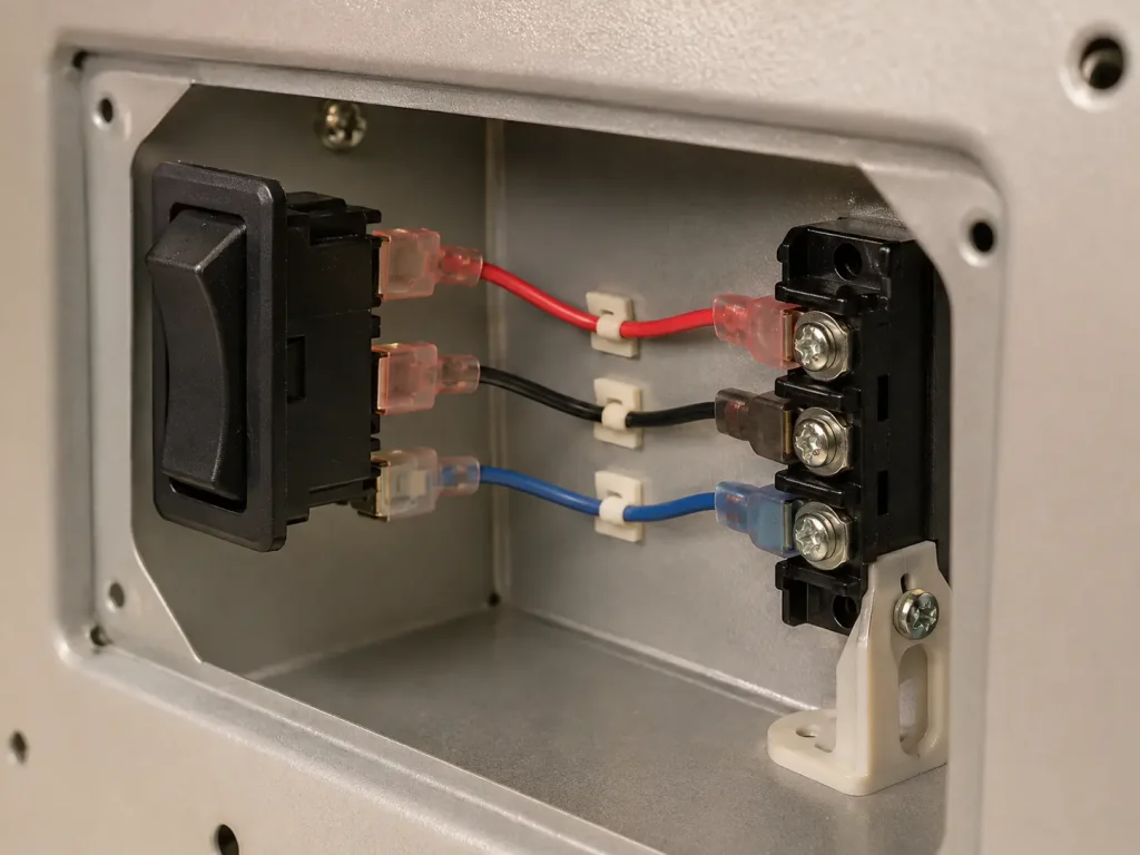 UL AWM Style 1007 18 AWG PVC wire connecting internal switch and terminal leads inside an appliance housing, 80°C 300 Vac