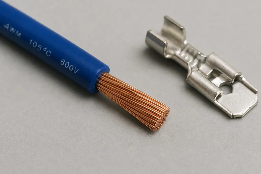 UL AWM Style 1007 18 AWG PVC wire stripped end showing stranded conductor prepared for crimp or solder termination