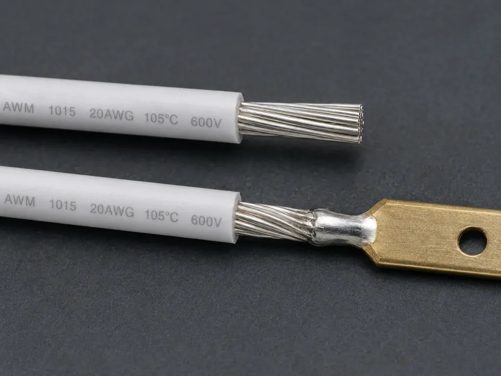 UL AWM Style 1007 20 AWG tinned copper wire stripped end and soldered joint detail for OEM assembly processes