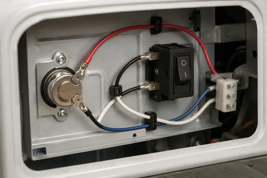 UL AWM Style 1007 20 AWG tinned copper wire connecting switch and thermal protector leads inside an appliance assembly, 80°C 300 Vac