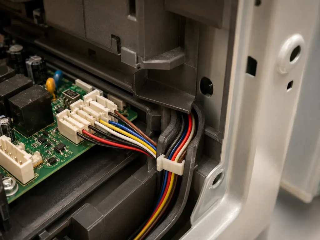 UL AWM Style 1007 24 AWG PVC wire routed through compact internal channels inside an appliance assembly, 80°C 300 Vac protected internal wiring