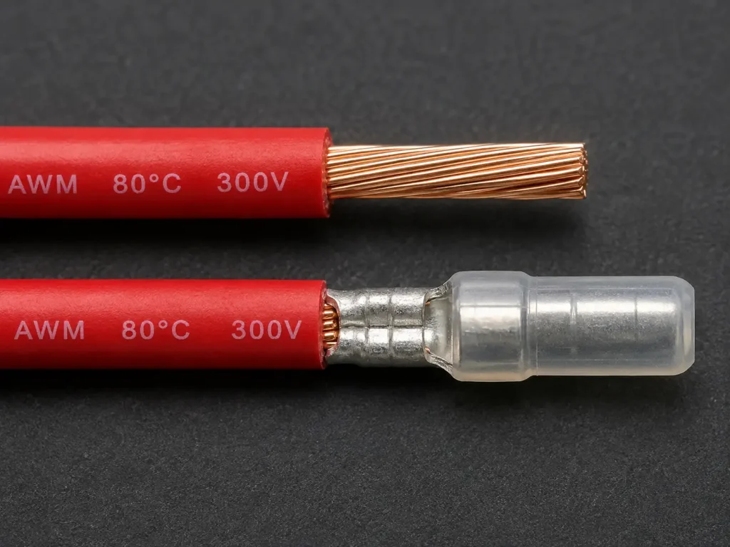UL AWM Style 1007 24 AWG stranded copper wire stripped end and crimped terminal detail for harness processing