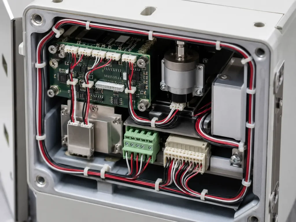 UL AWM Style 10362 20 AWG PFA wire fine-gauge internal lead routing inside compact enclosed OEM equipment assembly, 250°C maximum 600 Vac protected internal wiring
