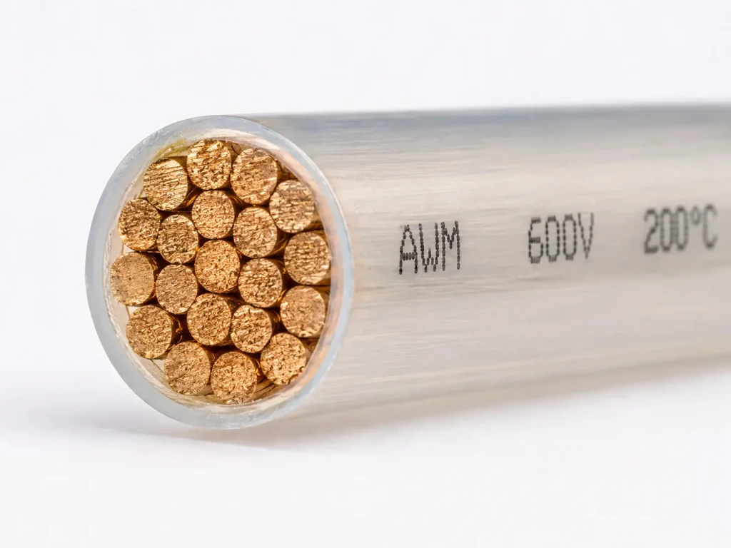 UL AWM Style 10362 20 AWG PFA wire cut-end close-up showing stranded copper conductor and 10 mils minimum average extruded PFA insulation thin wall per UL Subject 758