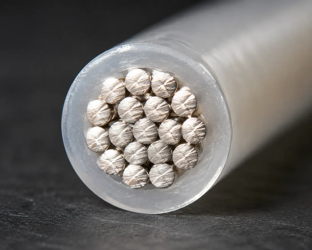 UL 10362 PFA wire freshly cut cross-section macro showing tinned copper strands and thin PFA insulation ring