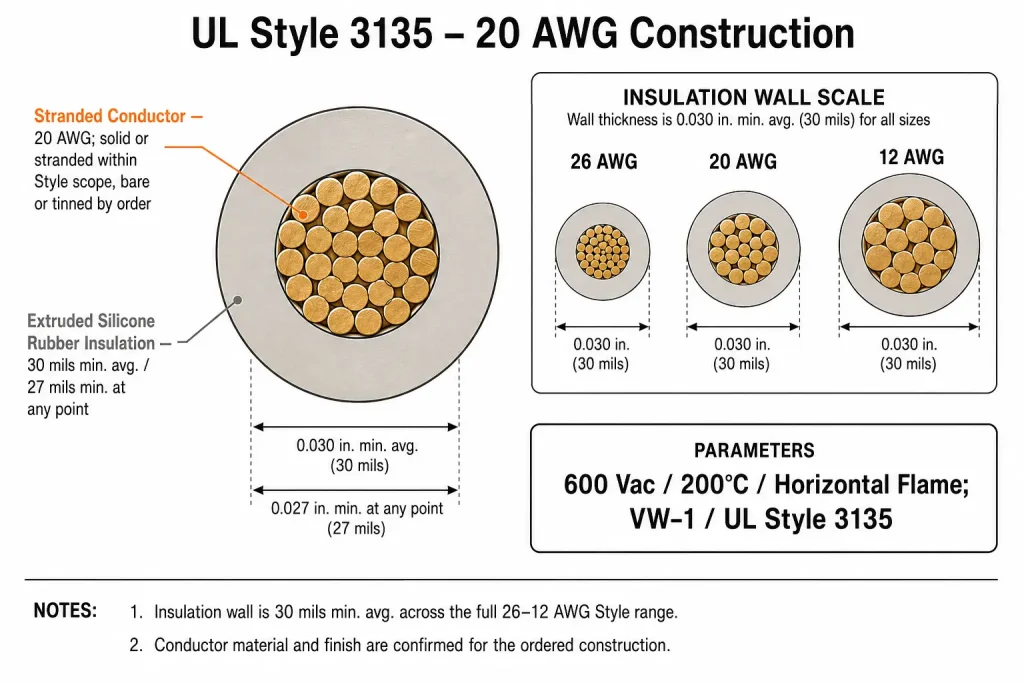 UL AWM Style 3135 20 AWG cross-section technical diagram showing stranded conductor and 30 mils extruded silicone rubber insulation per UL Subject 758