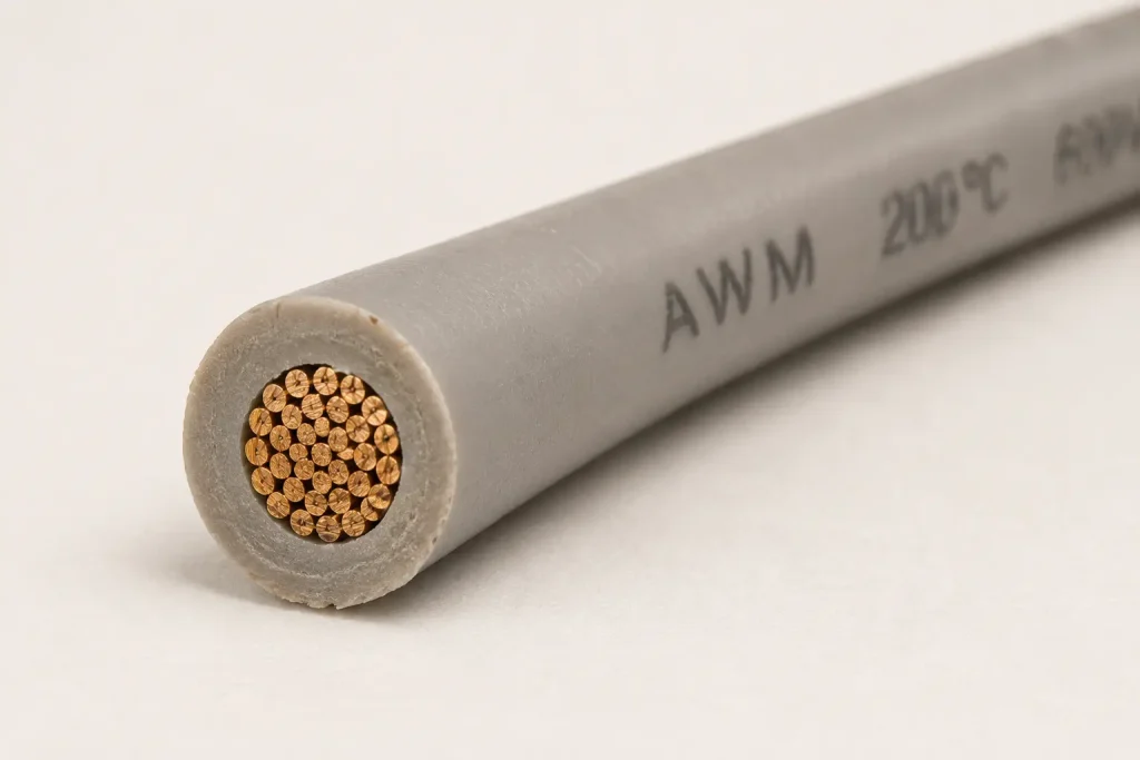 UL AWM Style 3135 20 AWG silicone wire cut end showing stranded conductor and extruded silicone rubber insulation wall