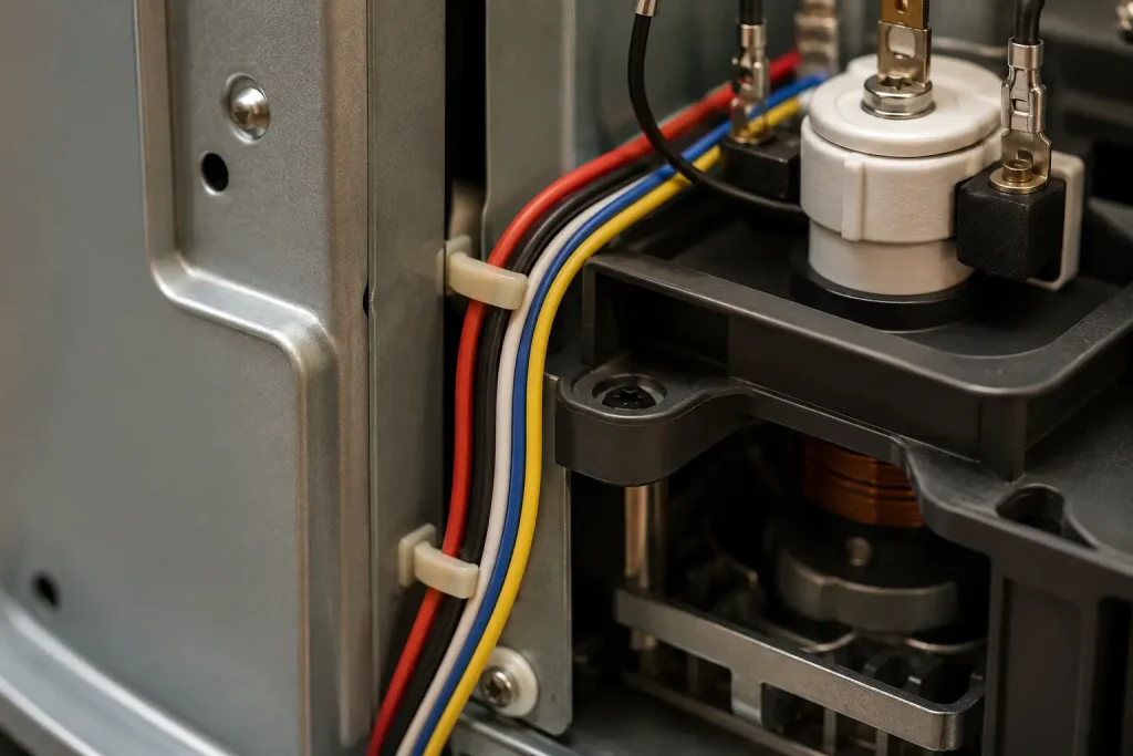 UL AWM Style 3135 20 AWG silicone wire routed through limited internal space inside a totally enclosed appliance housing, 200°C 600 Vac