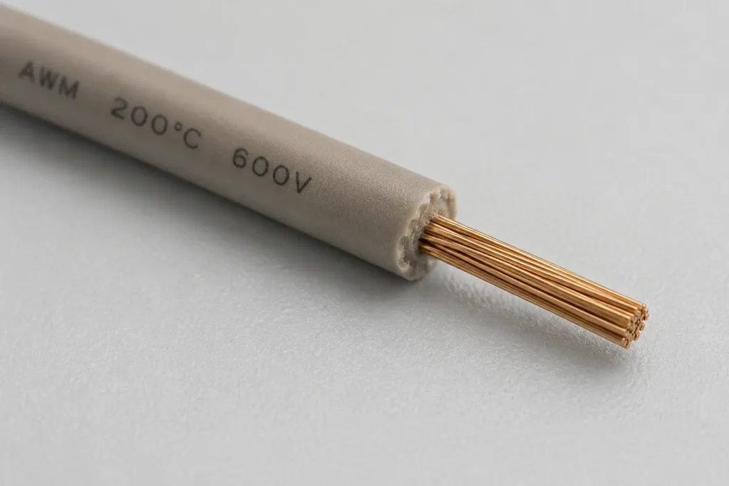 UL AWM Style 3135 22 AWG silicone wire stripped end showing stranded conductor and thick silicone rubber insulation wall