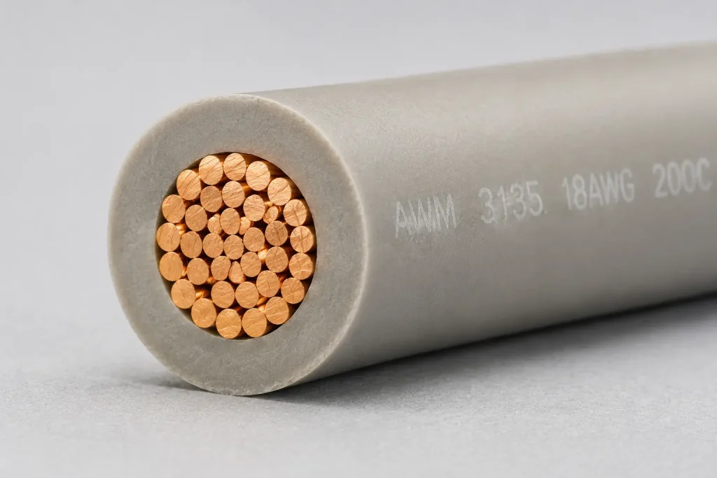 UL AWM Style 3135 silicone rubber wire cut-end close-up showing stranded copper conductor and 30 mils flexible silicone rubber insulation wall per UL Subject 758