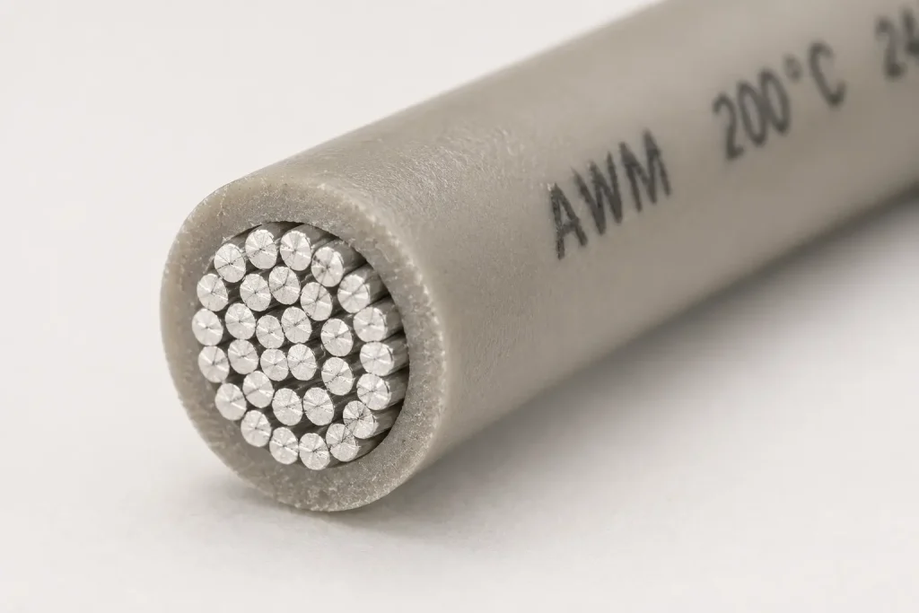 UL AWM Style 3135 tinned copper silicone wire routed as protected internal leads inside a totally enclosed appliance assembly, 200°C 600 Vac