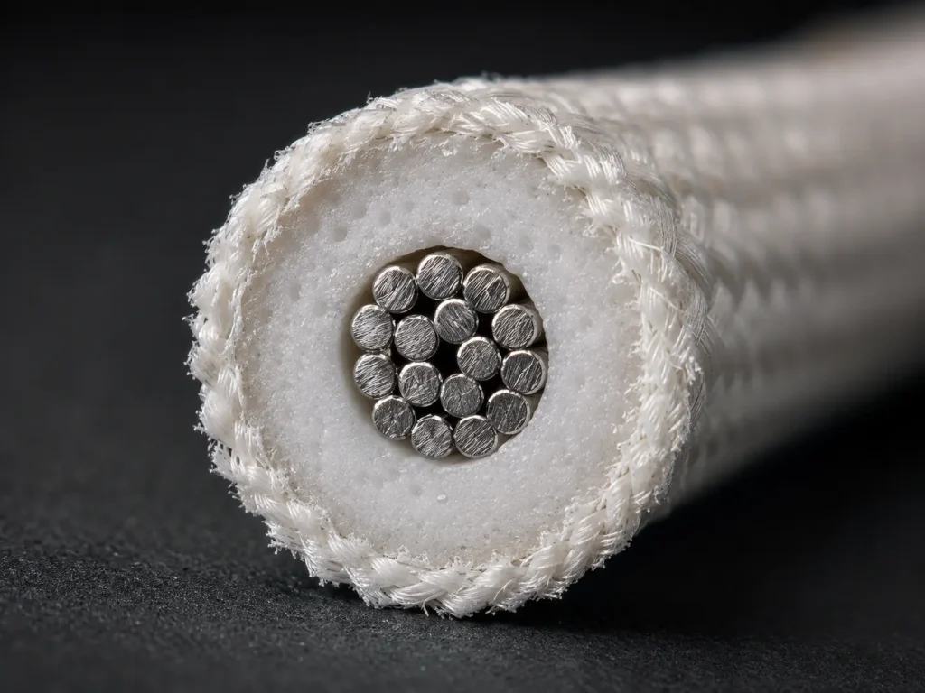 UL 3172 wire freshly cut cross-section macro showing copper strands silicone rubber insulation and outer fiberglass braid layer