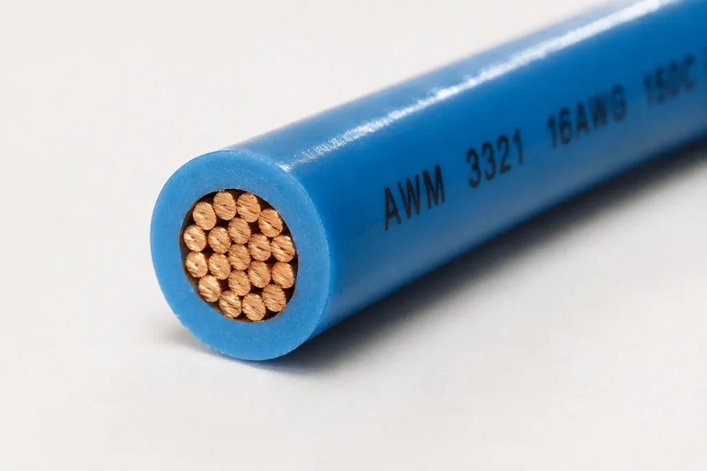 UL AWM Style 3321 XLPE wire cut-end close-up showing stranded copper conductor and cross-linked polyethylene insulation wall per UL Subject 758