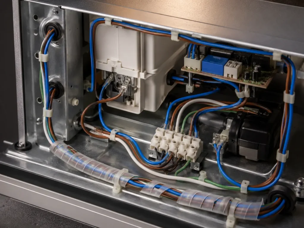 UL AWM Style 3321 XLPE wire routed along protected fixed paths inside an enclosed appliance assembly, 150°C maximum 600 Vac appliance internal wiring