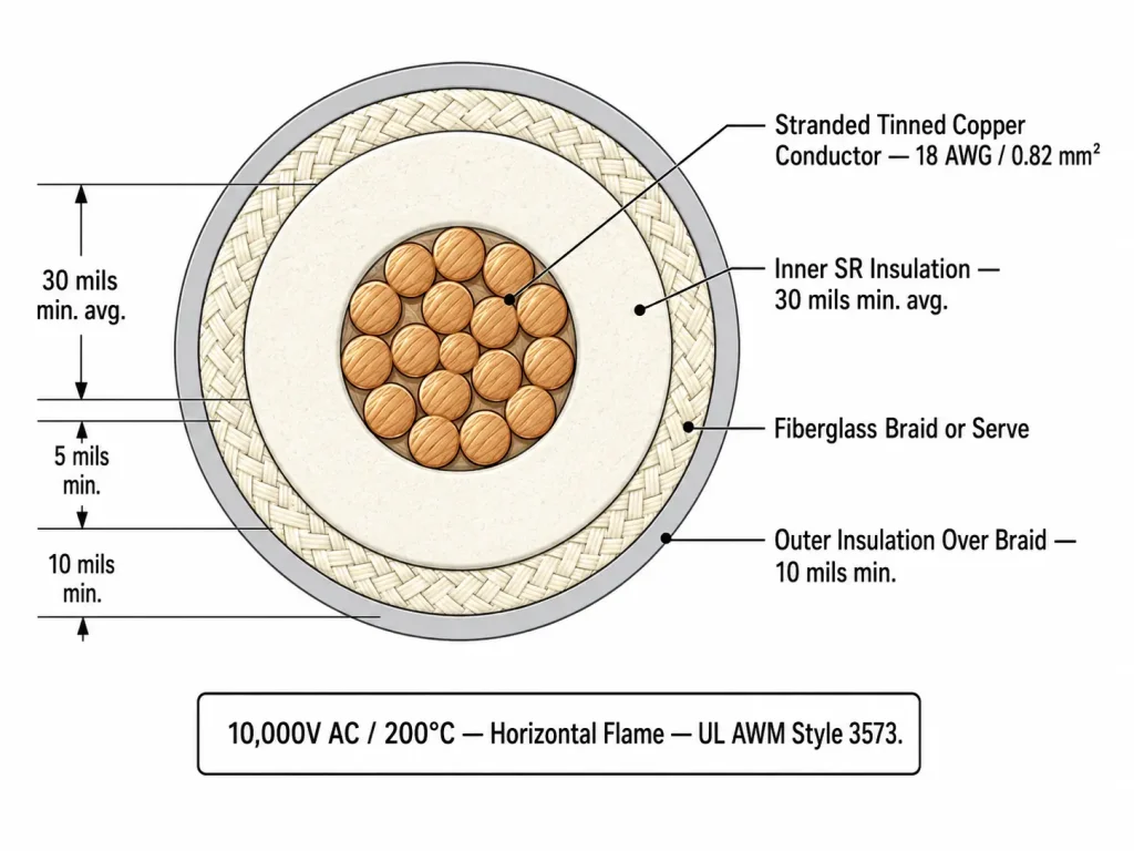 UL 3573 ignition wire technical cross-section diagram inner silicone fiberglass braid outer insulation three layers