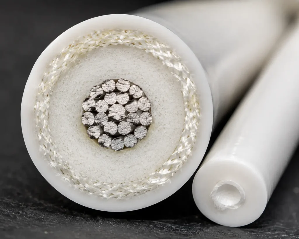 UL 3573 ignition wire freshly cut cross-section macro showing copper core silicone insulation fiberglass braid and outer layer