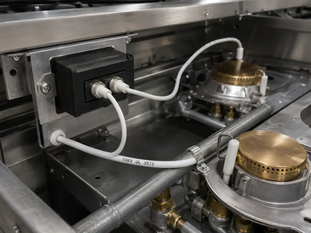UL 3573 ignition wire installed as high-voltage lead in gas range burner ignition system 10kV application