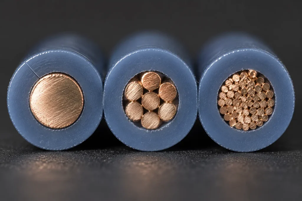 Macro comparison of 26 AWG conductors of differing construction beneath identical UL 1007 PVC insulation