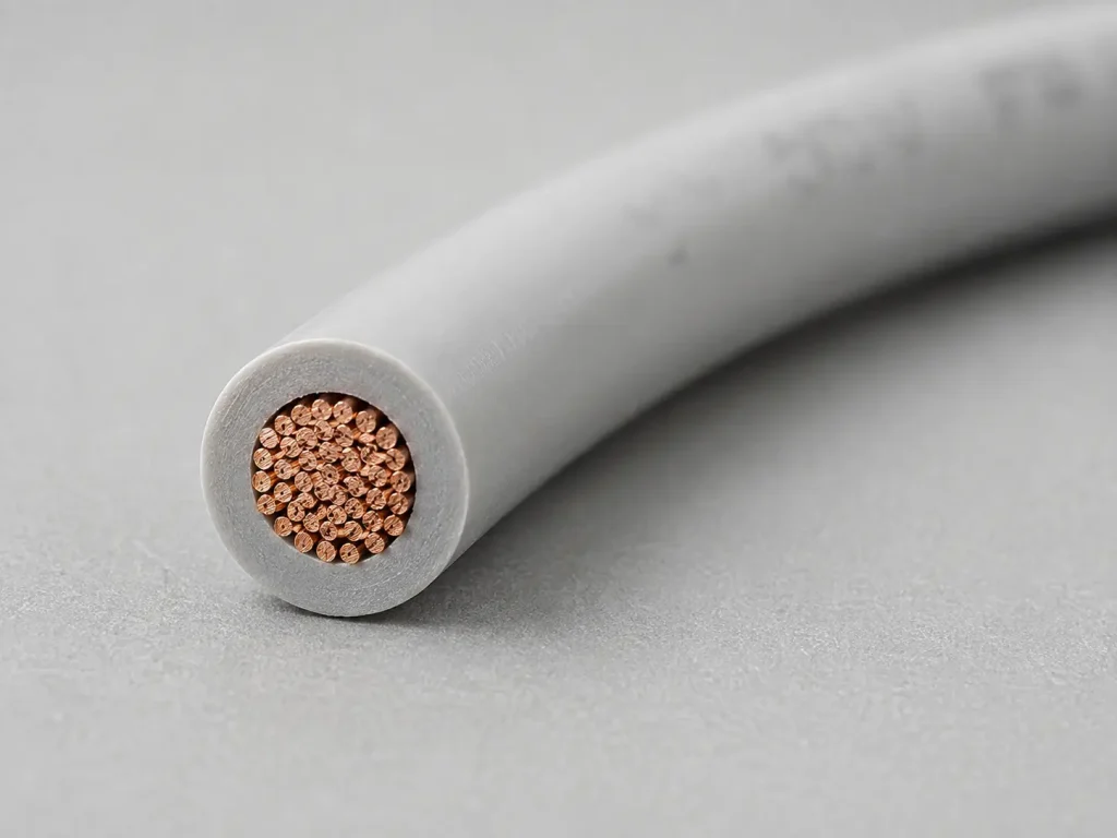 Macro cross-section of UL 1007 26 AWG PVC wire showing fine stranded conductor and thin extruded PVC wall
