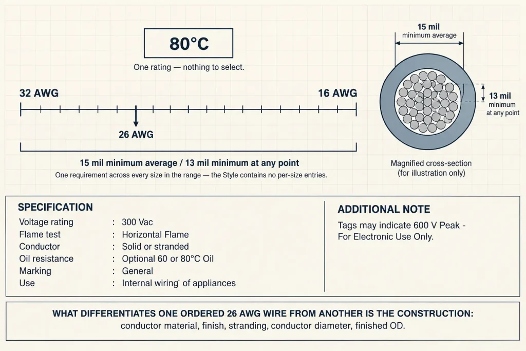 Diagram showing 26 AWG under the UL 1007 uniform 15 mil average and 13 mil minimum insulation requirement