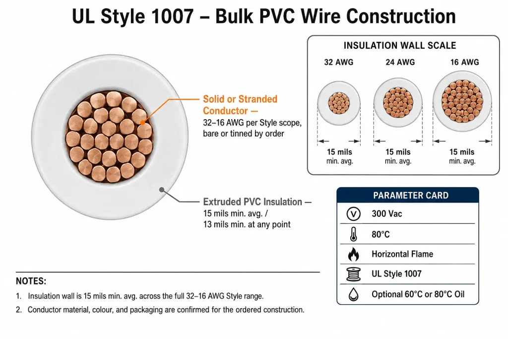 UL Style 1007 PVC wire cross-section diagram showing conductor and 15 mil insulation wall across 32–16 AWG range