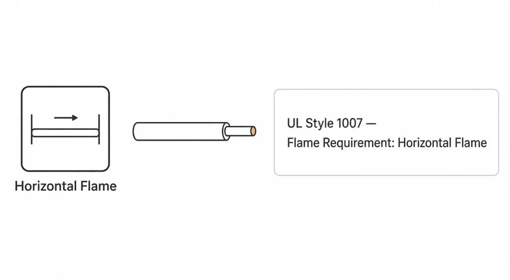 UL 1007 wire technical specification diagram identifying Horizontal Flame as the defined flame classification parameter