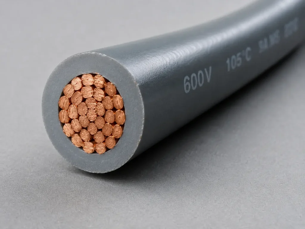 Macro cross-section of UL 1007 PVC hook-up wire showing stranded conductor and thin extruded PVC wall