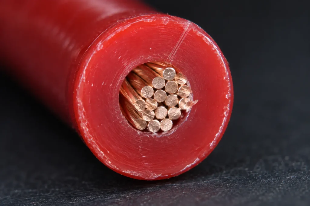 Macro view of a UL 1007 PVC insulated fine-gauge conductor cut end showing the insulation wall over the conductor