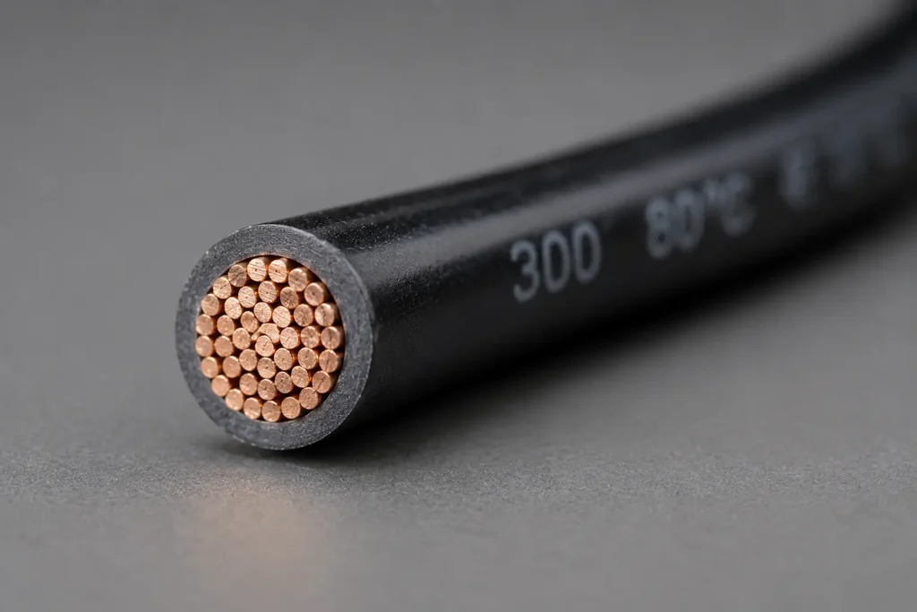 Macro cross-section of UL 1007 PVC insulated wire showing fine stranded conductor and thin extruded PVC wall