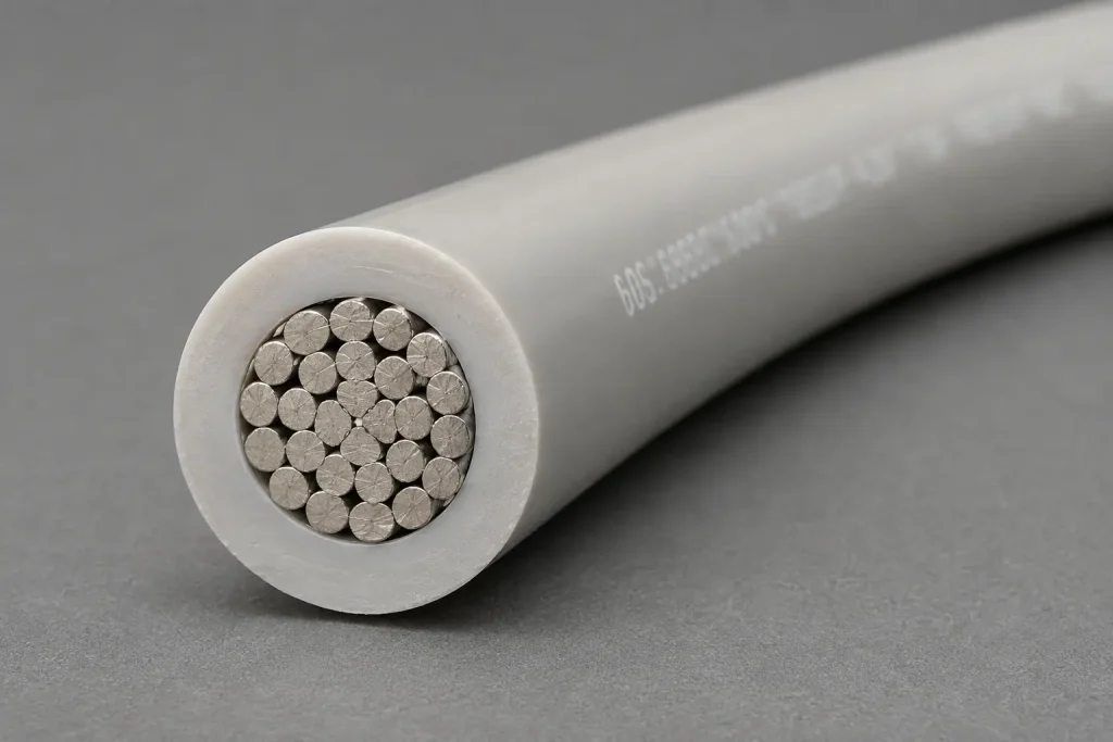 Macro cross-section of UL 1015 10 AWG PVC wire showing stranded conductor and thick extruded PVC wall