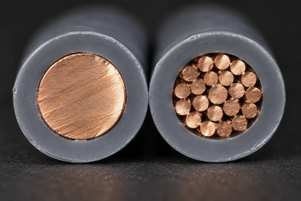 Macro comparison of solid and stranded 16 AWG conductors under identical UL 1015 PVC insulation