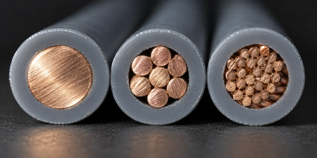 Macro comparison of 18 AWG conductors of differing construction beneath identical UL 1015 PVC insulation