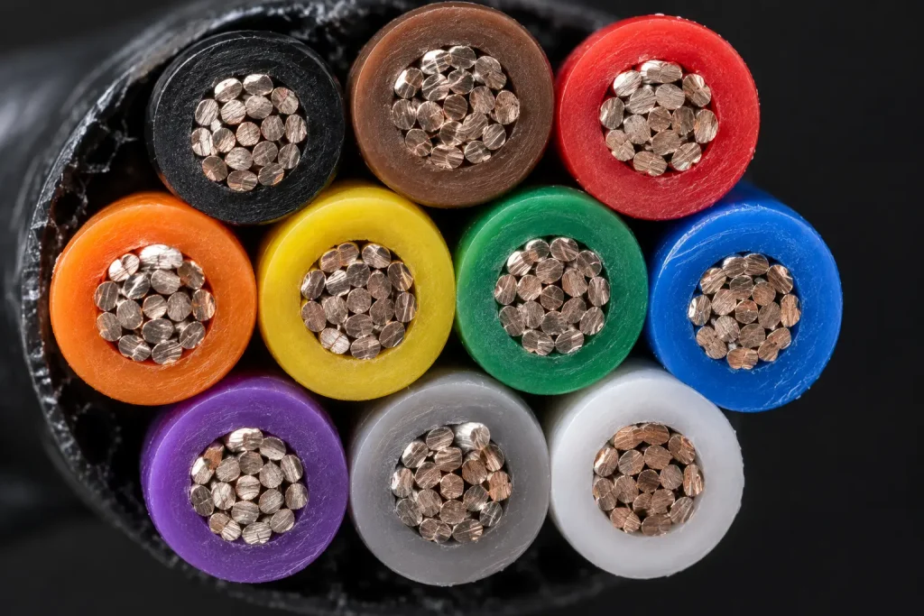Macro view of colour-coded UL 1015 conductor cut ends from a grouped appliance lead bundle
